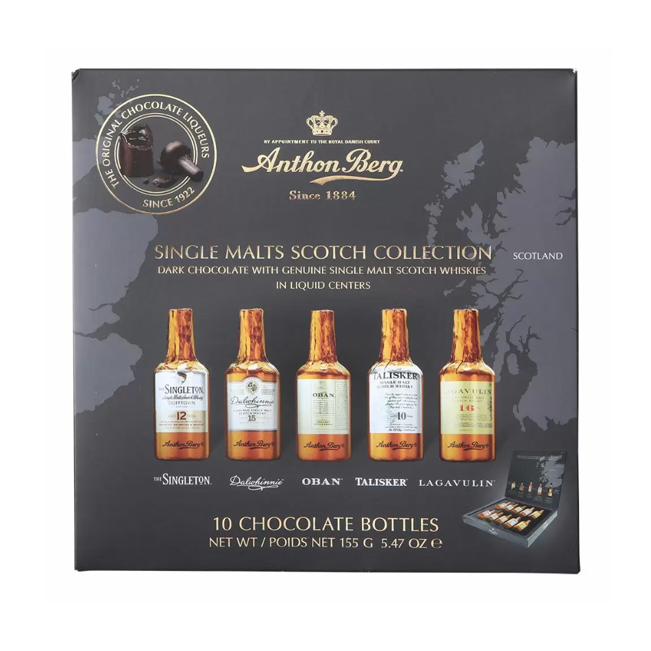 Box of 10 Single Malts Scotch Whiskies Collection Dark Chocolates Anthon Berg 155g